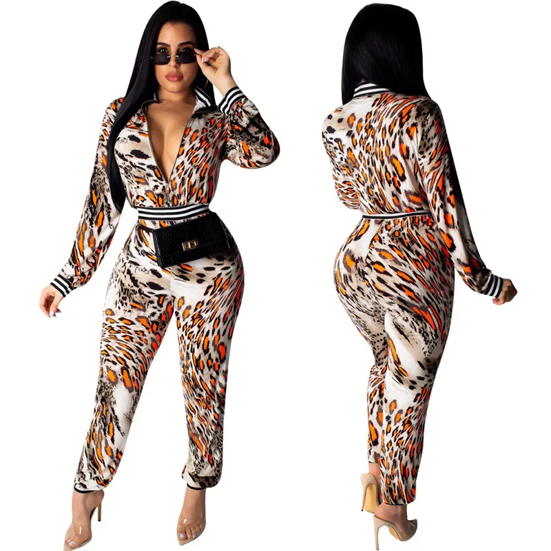 Two Piece Set Women Clothing Leopard Printed bodycon jumpsuit 2019 hot Long sleeve V-neck tight rompers