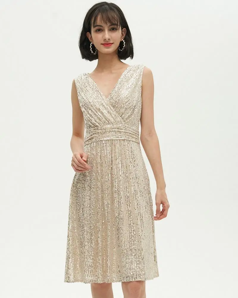 

2020 Boutique Cocktail Elegant Sleeveless V Neck Party Wrap Sequin Dress, Shown,or customized color,provide color swatches