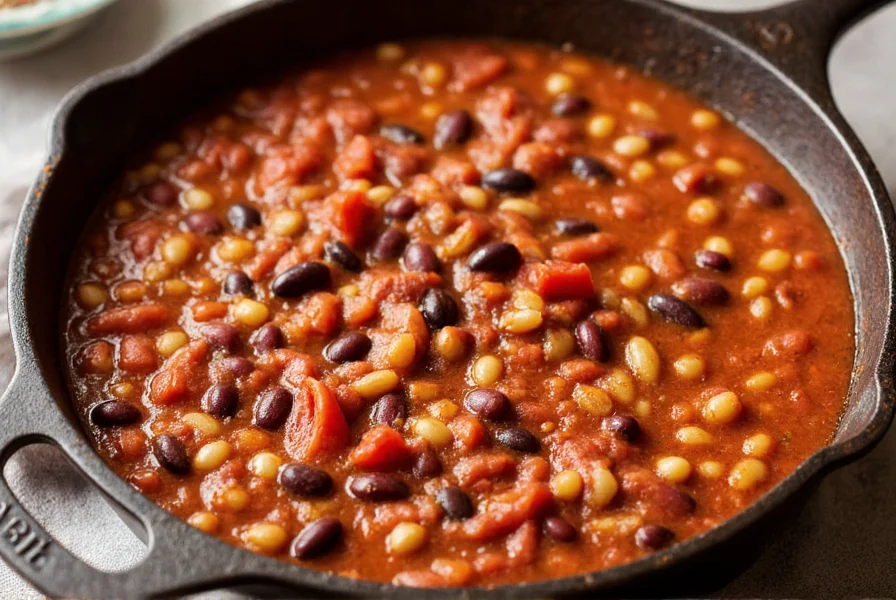Three bean chili recipe in a cast iron pot with kidney beans, black beans, and pinto beans simmering with tomatoes and spices