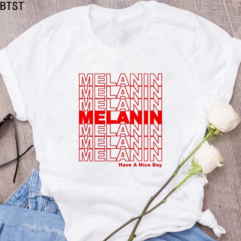 

Wholesale Tshirts Women Soft Cotton T Shirt Melanin Poppin Graphic Tees Black Girl Magic Women White Tops, Picture showed