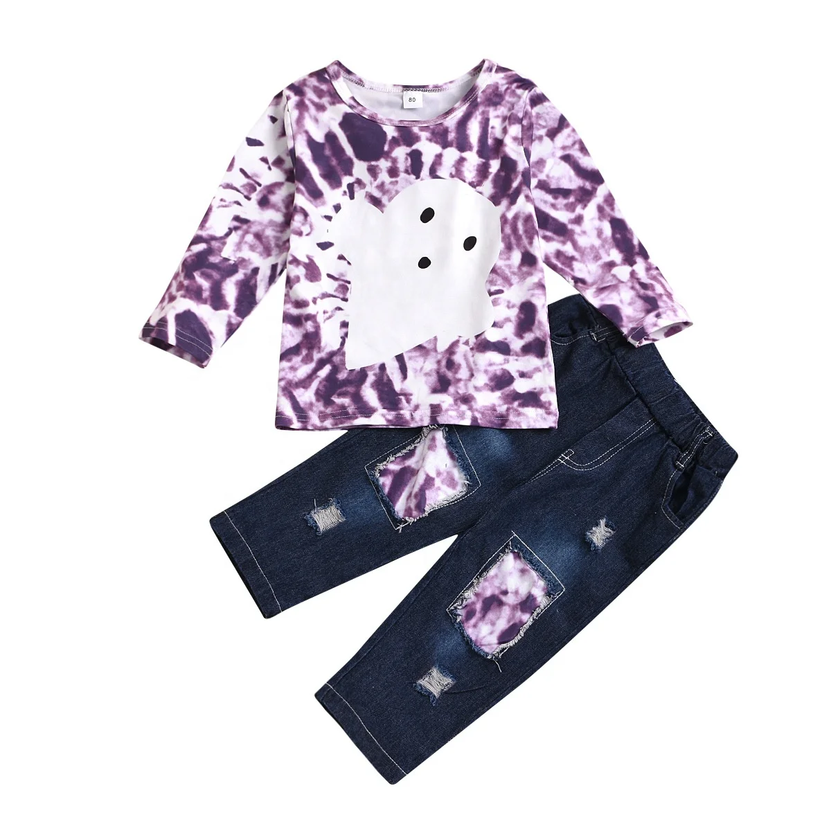 

Fashion New Cute Halloween Gift Ghost Cloth Baby Jeans Tie Dye Girls Outfits Set, As pic show