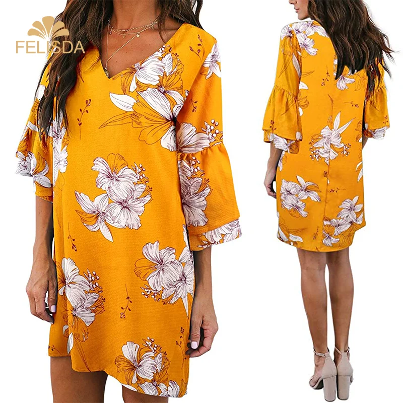 

Felisda New Style Summer V-neck A-line Skirt Dress Women Dresses Sweet Cute Bell Sleeve Short Mini Dress