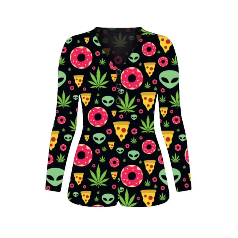 

2020 Wholesale fashion pajamas nightwear custom Aliens prindeer printed onesie adult sexy sleep wear one piece onesie for women