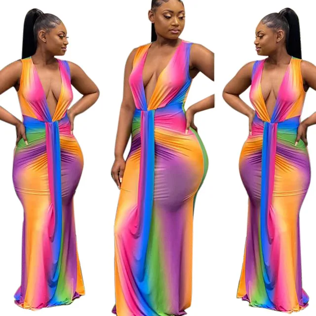 

Long Pencil Dress Women Deep V-Neck Bodycon Sexy Dresses Lady Fitted Clothes, Rainbow