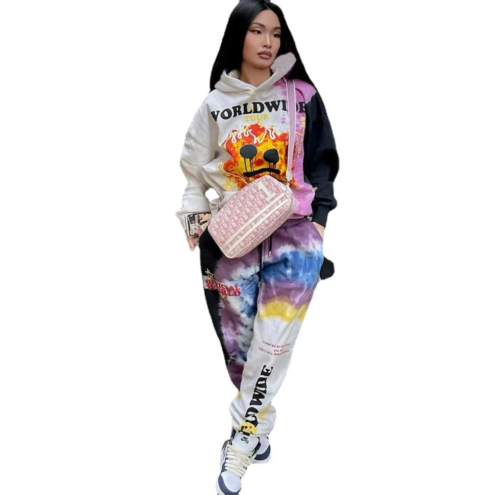 

fall 2021 new arrivals autumn tie dyed hoodie top casual lady suit 2 two piece trousers pants set women clothes outfits clothing