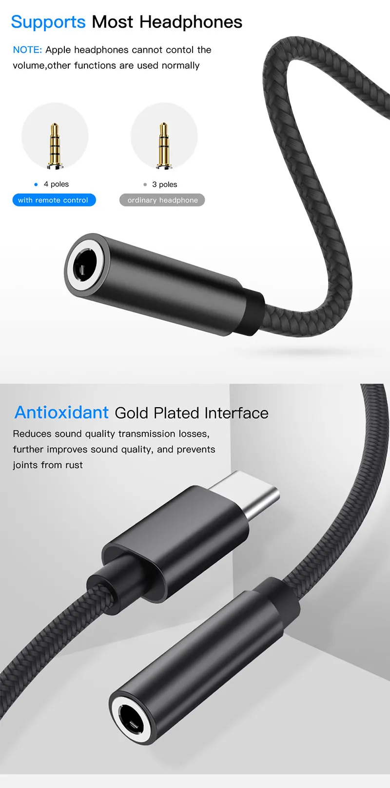 EONLINE 12CM Type c to 3.5mm Jack Converter Earphone Audio Adapter Cable USB C to 3.5 AUX Cable For Huawei P30 pro Xiaomi Mi 9 8