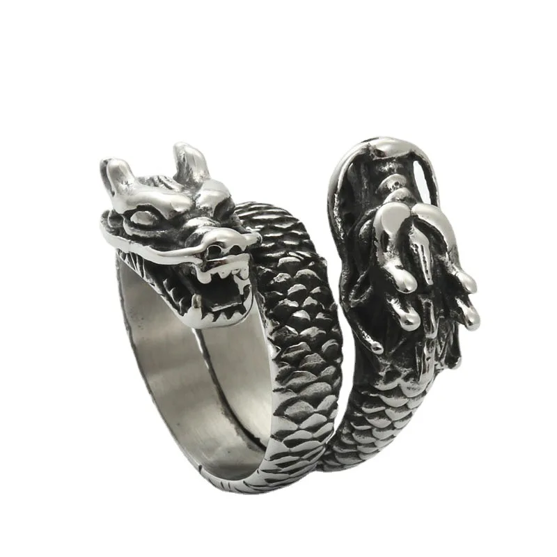 

Chinese Style Double-headed Dragon Ring Retro Punk Stainless Steel Dragon Rings For Men, Sliver