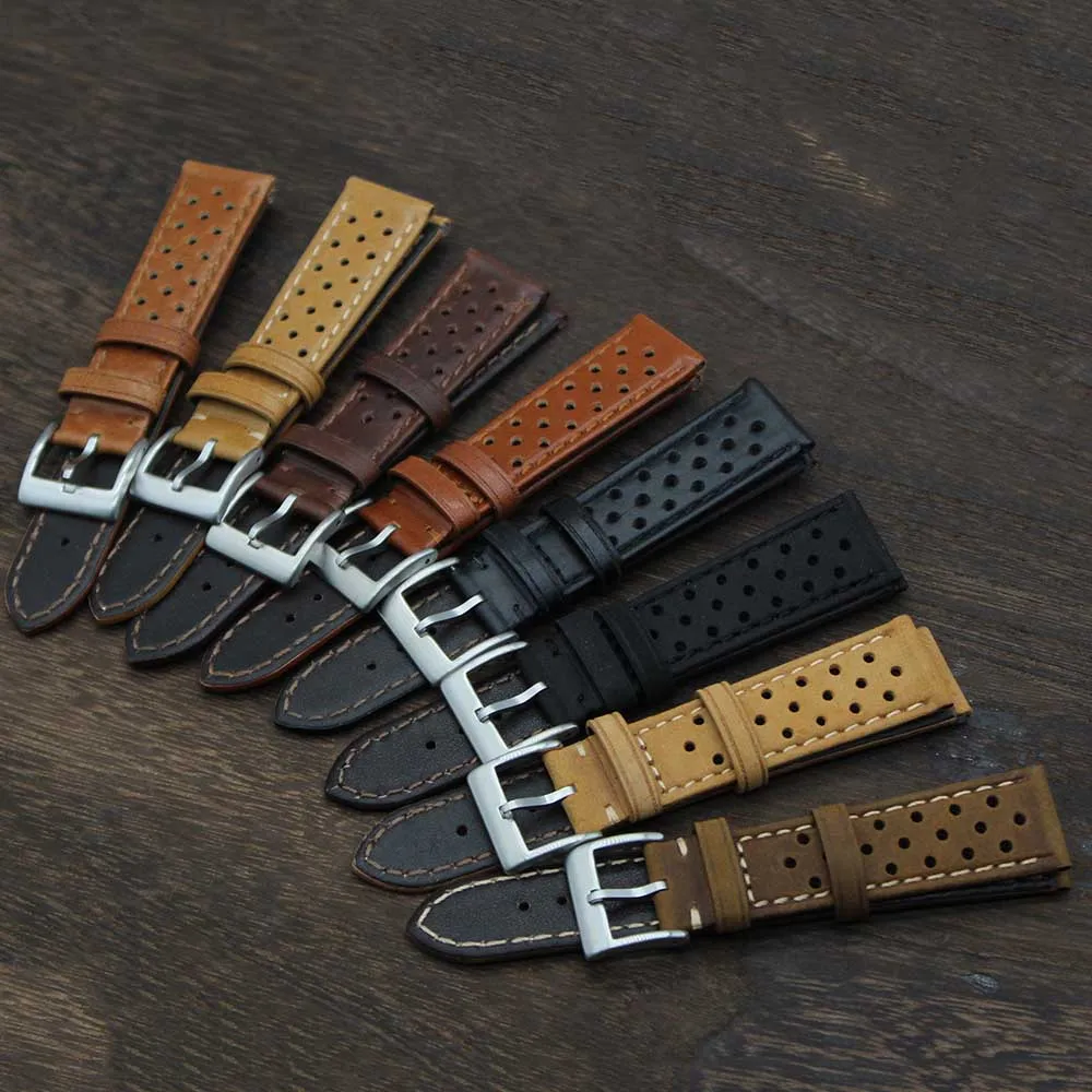

Rally Racing Genuine Leather Watch Strap oil brown waxed Porous 18mm 20mm 22mm Crazy Horse Leather Watch Band