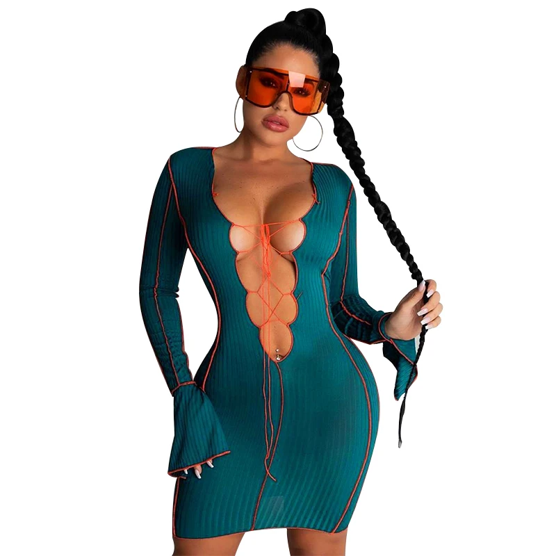 

2021 Fashion Contrast Color Split Long Sleeve Striped Sexy Dress Women