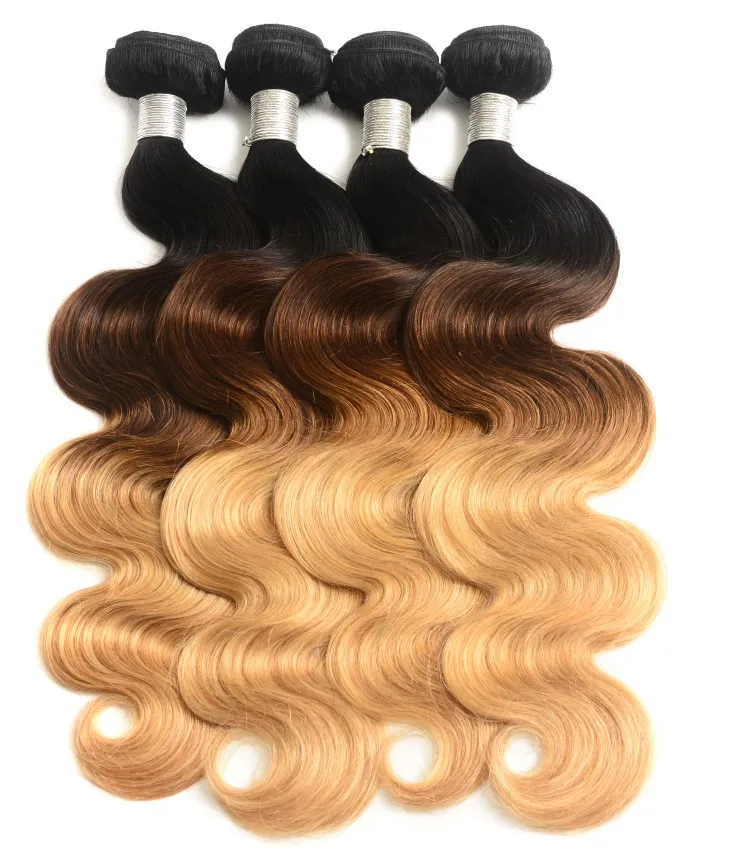 

10A Top Quality T1b/4/27 Dark Golden Brown Hair Color Mink Body Wave Brazilian Human Hair Bundles With lace Closure