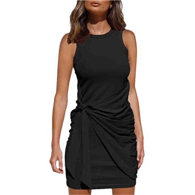 

Women's summer sleeveless dress with round neck and ruffled bow belt, 13 color