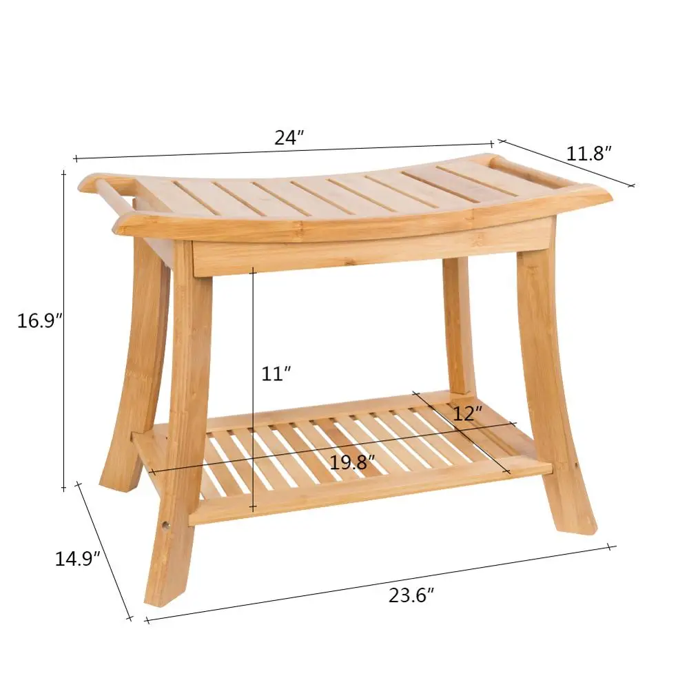 
Bamboo Shower Bench Spa Seat Bathroom Chair with Waterproof Storage Shelf for Indoor or Outdoor 