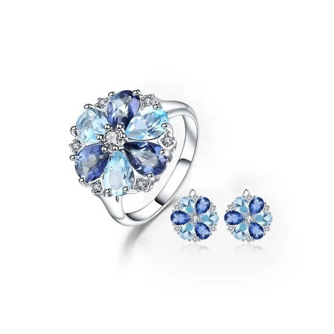 

Natural Sky Blue Topaz Mystic Quartz Flower Jewelry Sets 925 Sterling Silver Earrings Ring Set For Women Wedding, Blue,white