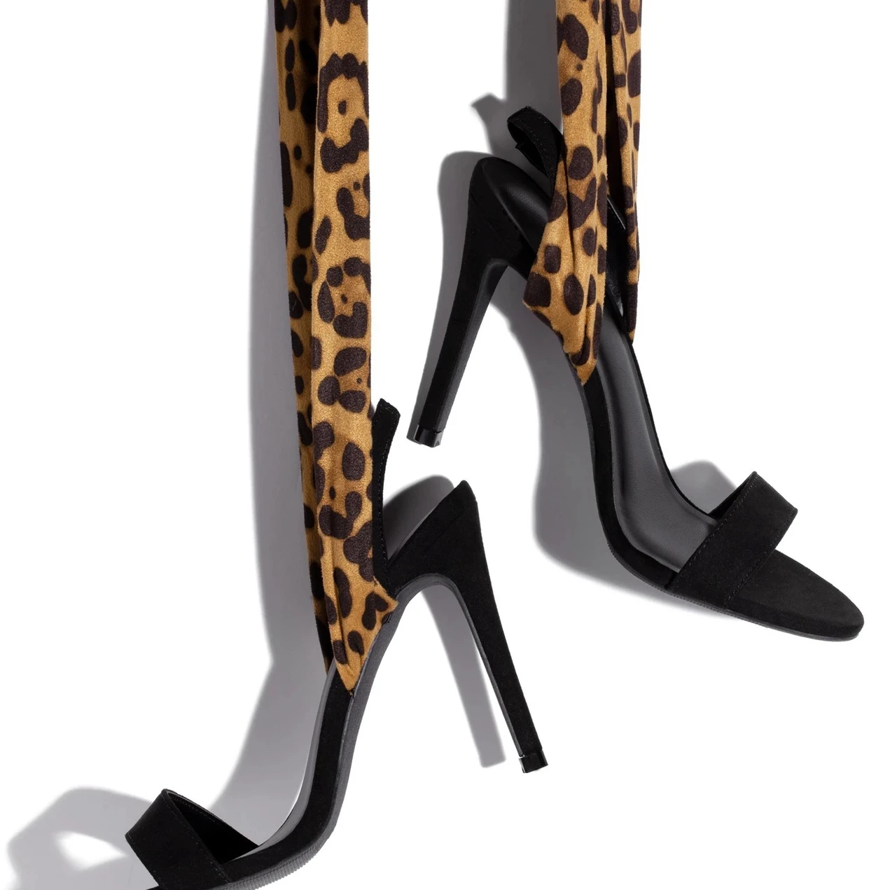 

European and American fashion thin heel high heels open toe suede leopard ribbon women's shoes large size sandals, Picture