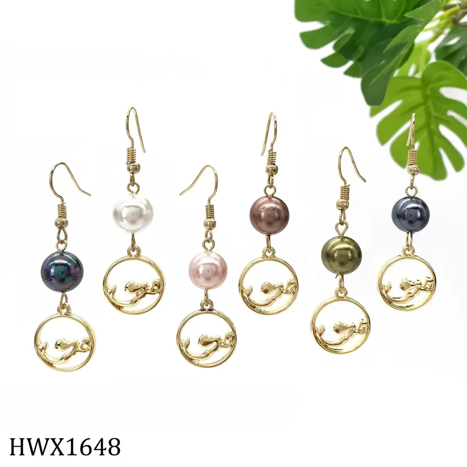 

2023 Trendy Summer Hawaiian Jewelry Colorful Pearl Dangle Earrings Gold Plated Wave Design Drop Earrings for Women