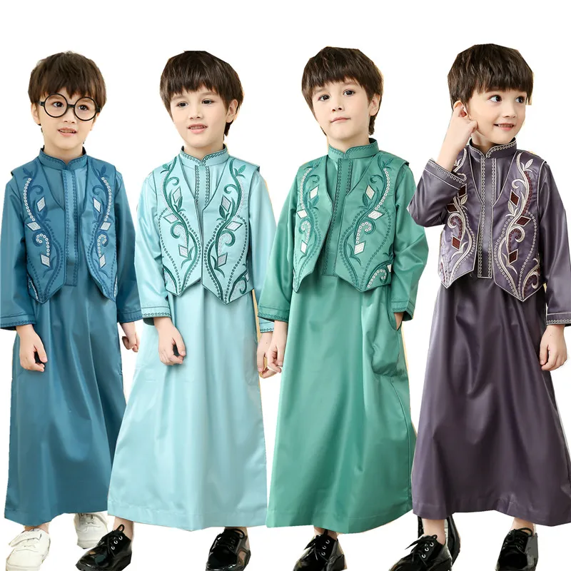 

2022 India Pakistan boy thobe muslim long-sleeved Kids Kaftan Modern kids abaya wholesale, 4 colors as pictures