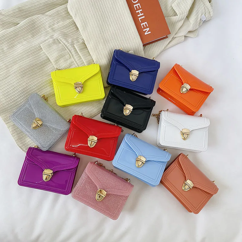 

TS9364 Ladies Solid Pure Color Jelly Patent Candy Crossbody HandBags Clear PVC Cute Jelly Bag Shoulder Clutch for Women Bling