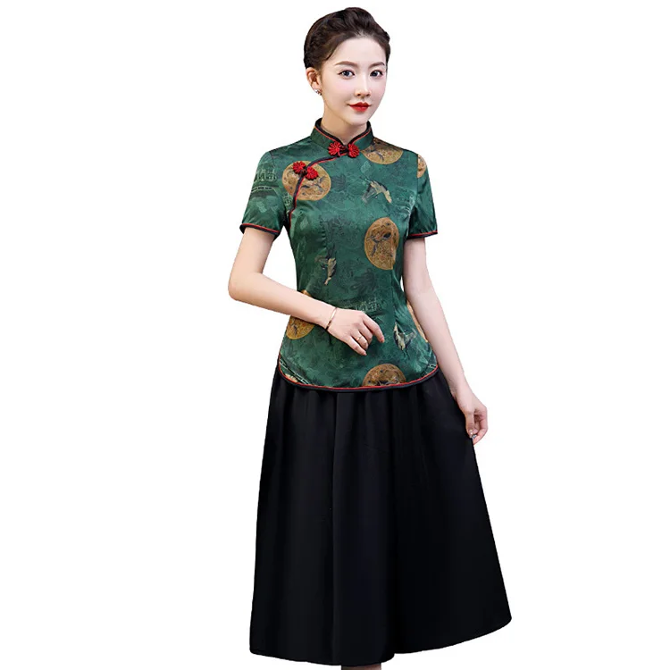 

Qipao Women Wholesale Readymade Robe Chinoise Chinese Traditional Retro Style Mom 2 Piece Qipao Dress With Silk Top