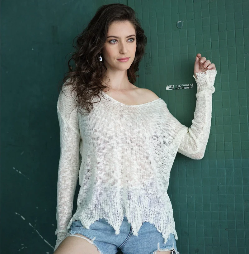 

Spring Women Fashion Thin Sweaters Perspective Sexy V-neck Knitted Pullovers Hot Girls Street Style White Sweaters Female