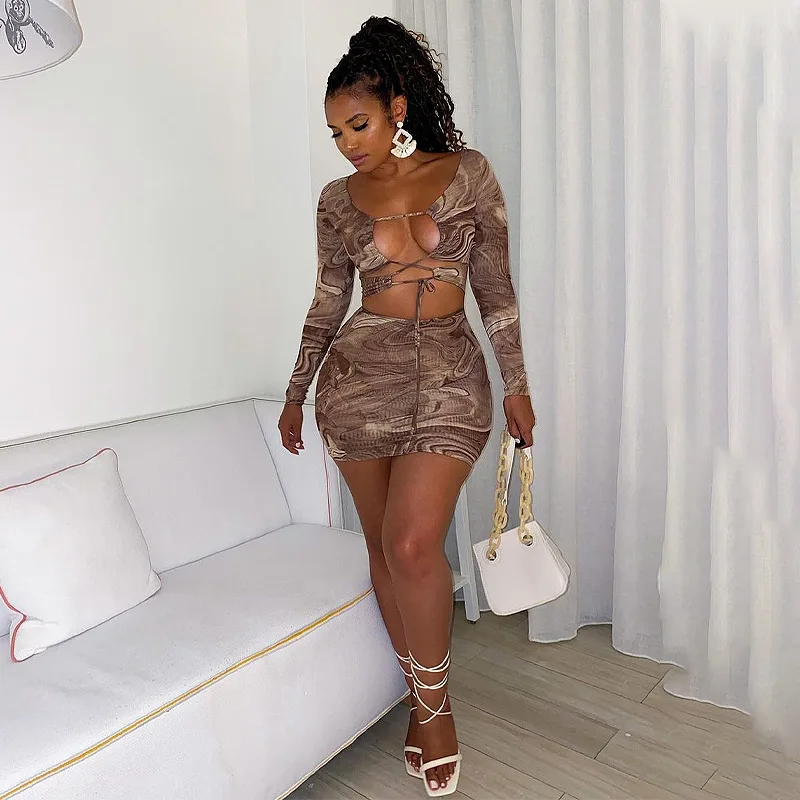 

X02798M Sexy hollow out temperament mini dress Fashion printed long sleeve women's club party dress On sale