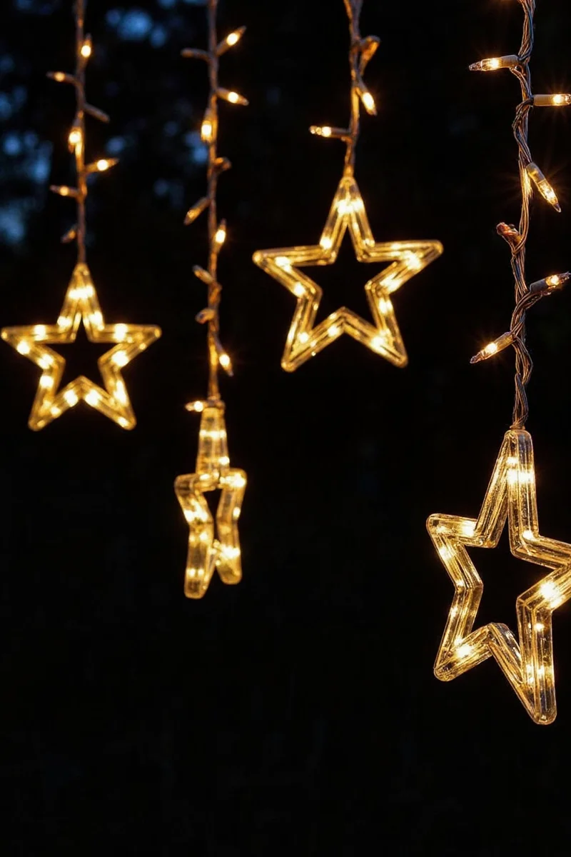 Family enjoying a backyard lit up with hanging star lights