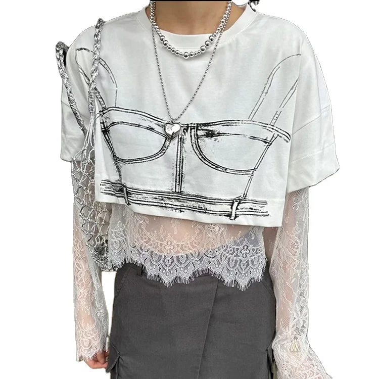TWOTWINSTYLE Patchwork Lace Two Pieces Printed Short Sleeve T Shirt Cotton Woven Sets Casual Women Clothing