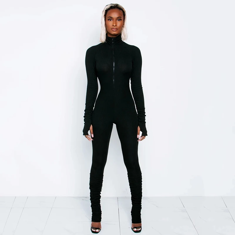 

In Stock Custom Logo Printed Knit Rib Bodycon Stacked Leggings Long Sleeve Turtleneck Rompers Jumpsuit With Cuff