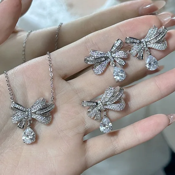 

women's jewelry sets 2023 pearl earrings set jewelry Sweet Bow Ring Necklace Pendant earing Set