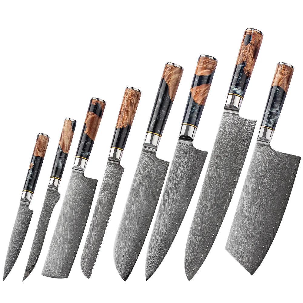 

dropshipping resin knife handle VG10 67 Layers Steel japanese kitchen damascus knives set with gift box