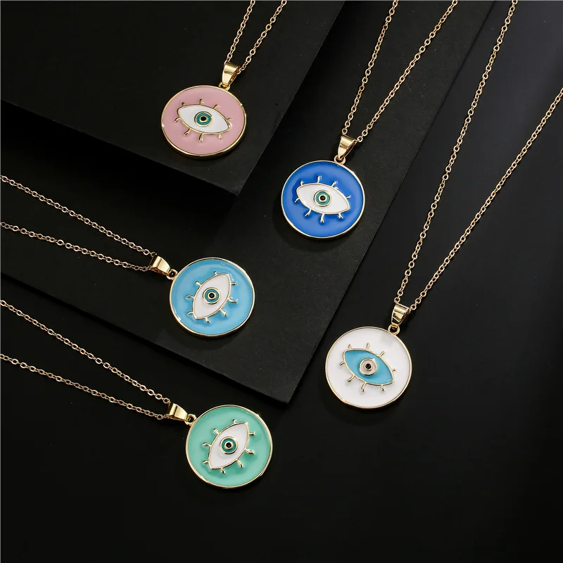 

5 Colors Inspired Boho Jewelry Copper Gold Chain Round Pendant Enamel Blue Evil Eye Necklace