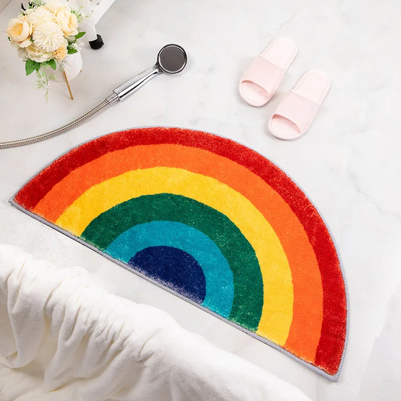 

Huirong Rainbow Pattern Flock Rug faux Wool Bath Room Water Absorbent Half Round Bath Mat Anti Slip