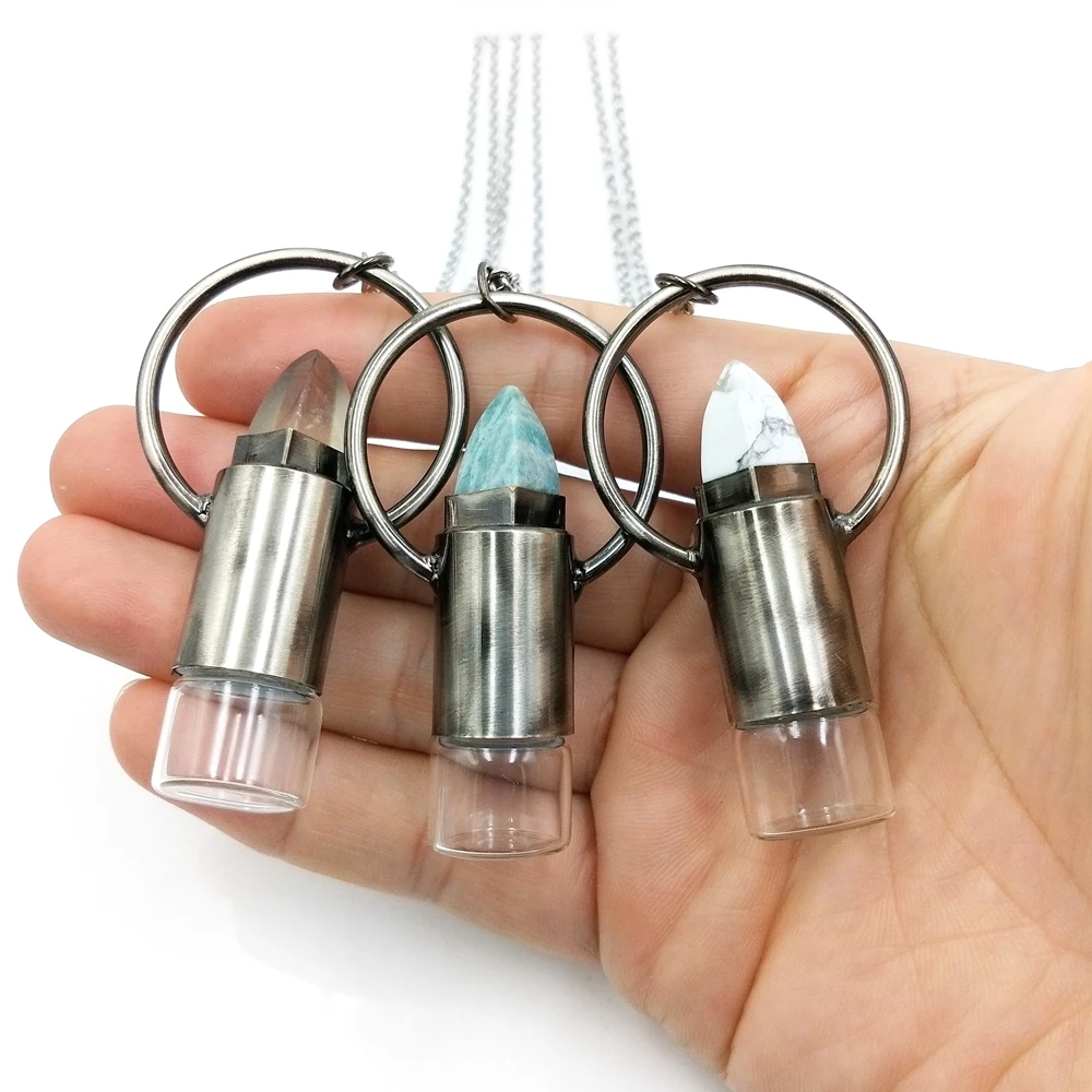 

Natural 2ml vintage gemstone crystal perfume bottle pendant Essential Oil antique silver plated prism spiritual Necklace, Multi