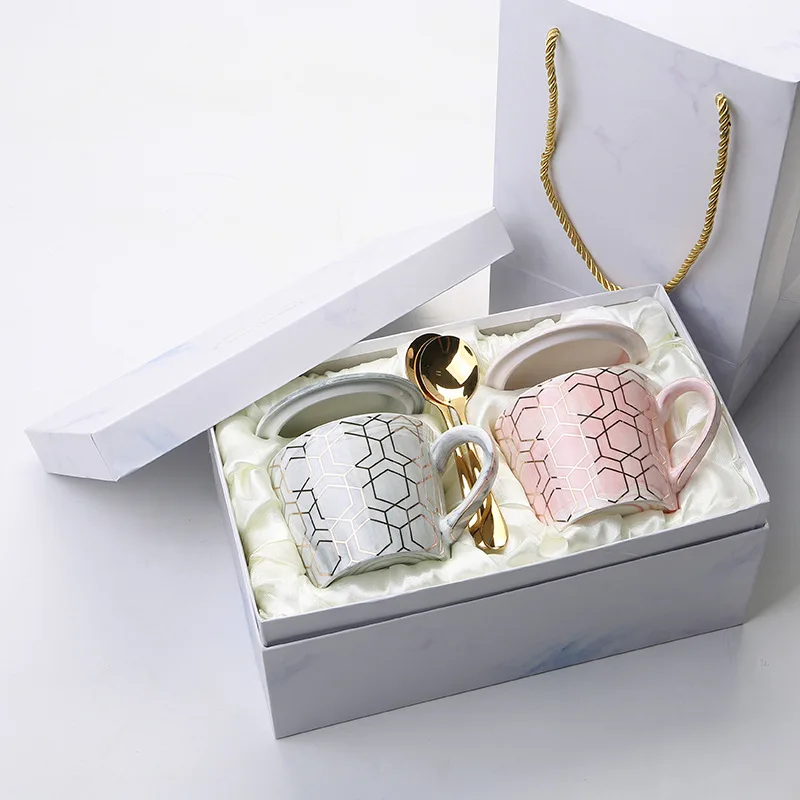 

European wedding custom marble pattern gold edge couple pair mug with gift box set, Grey and pink