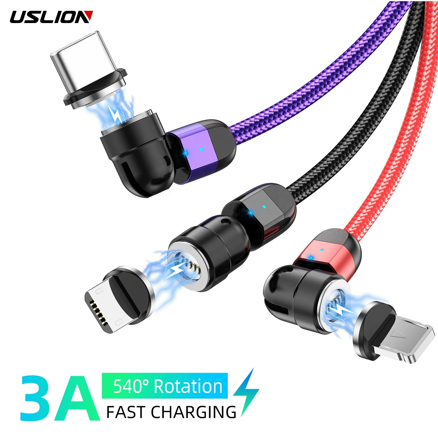 

USLION 540 Magnetic USB Cable Data Type C Fast Charging Micro USB Magnetic Cable Charger Mobile Phone For Samsung for iPhone, Black, red, silver,purple