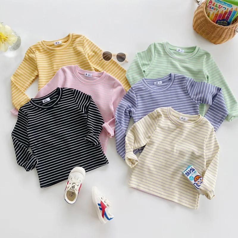 

Thicken 2020 autumn Korean children's clothing tops for boys and girls striped long-sleeved T-shirt, Pictures shows
