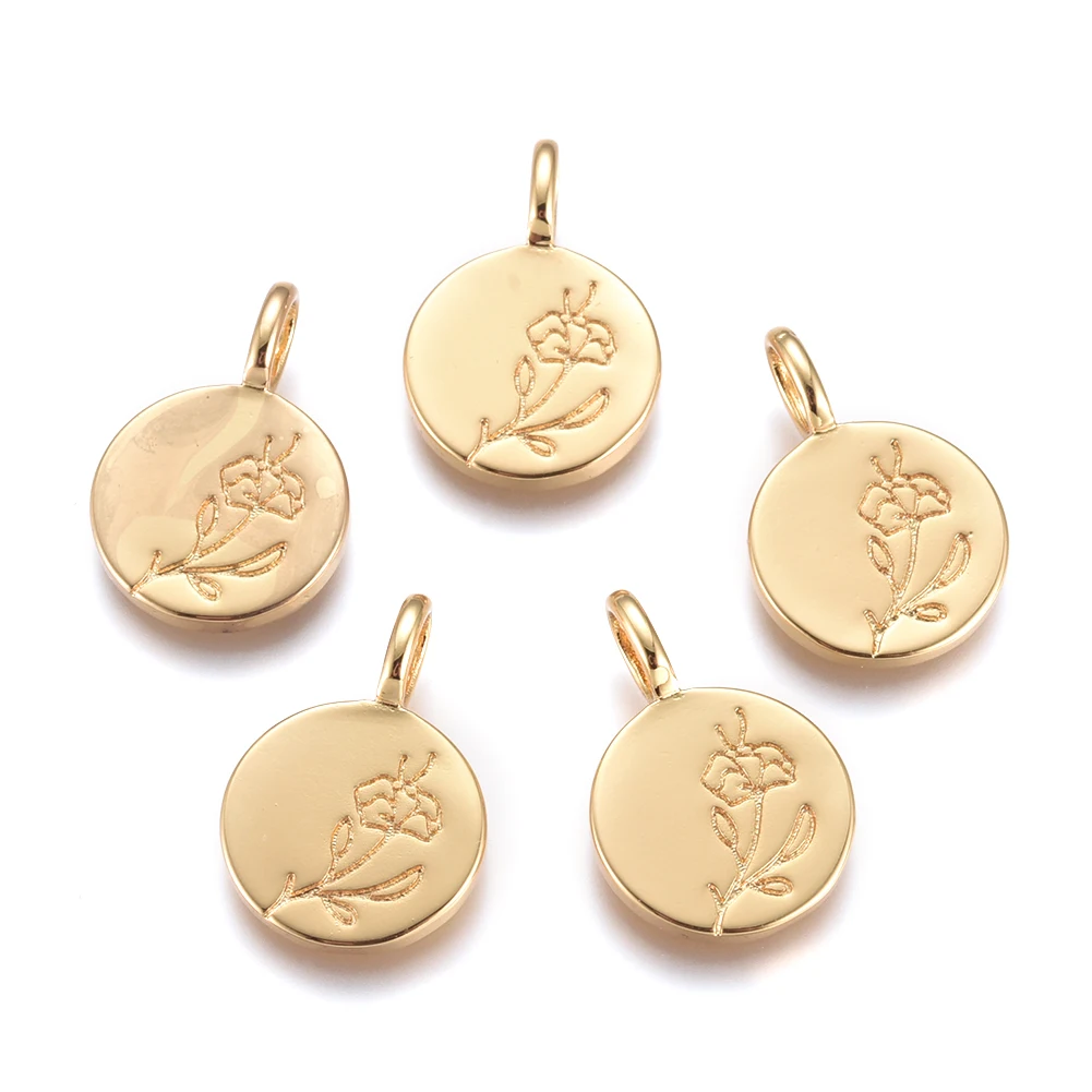 

Pandahall Flat Round Leaves Flower Golden Brass Pendants