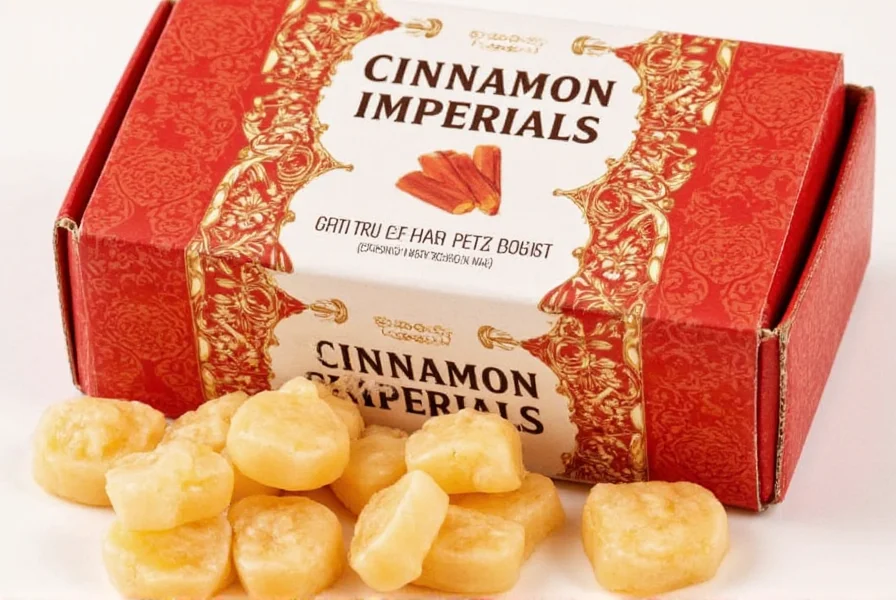 Close-up photograph of traditional Cinnamon Imperials candy showing flat disc shape and reddish-brown color on wooden background