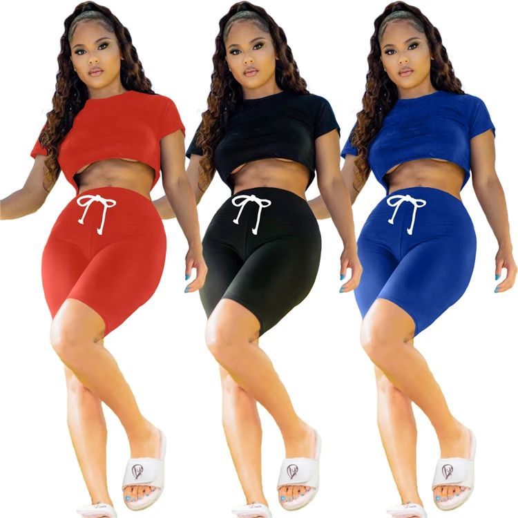 

D96755 New Arrivals 2021 Fashion Casual Solid Color Print Summer Two Piece Short Pants Set Women Clothing