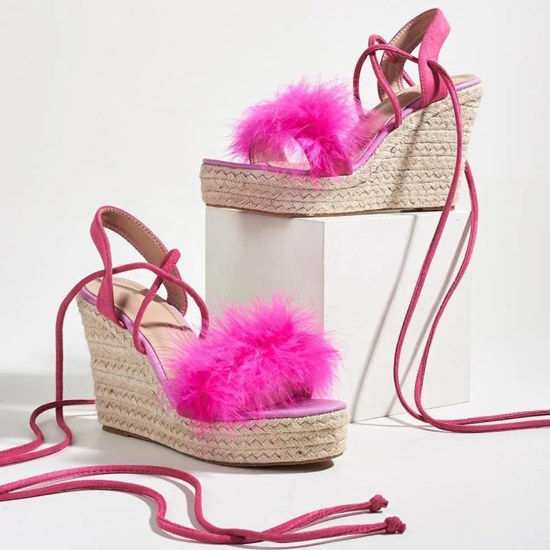 

Straw Braiding Wedge Heel Slingback Fur Band Women Sandals Sexy Pumps Platform Thick Sole Lace Up Summer Ladies Casual Shoes, Black,white,pink,brown