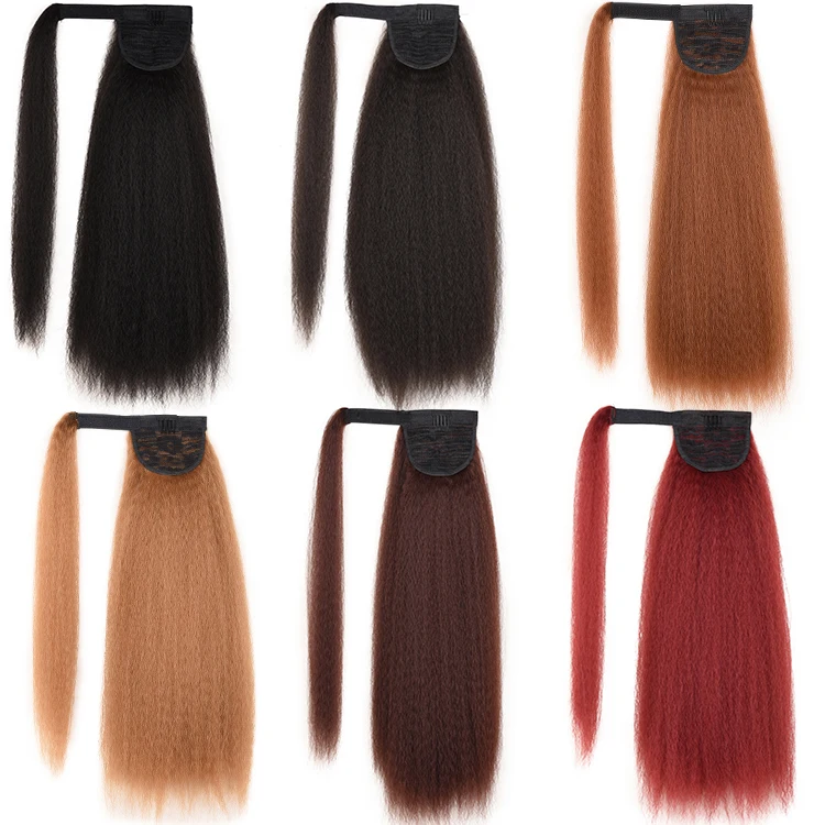 

Wholesale Synthetic Yaki Kinky Straight Wrap Around Ponytails Hair Extensions With Drawstring Ponytails, Black brown 99j