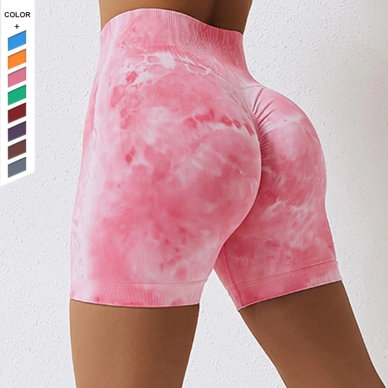 

European American Tie Dyed Seamless Fitness Shorts For Women's Sports High Waist Hip Lifting Tight Yoga Shorts