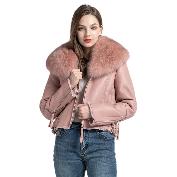 

Classic Design Women Big Fur Collar Winter Leather Jacket Genuine Leather Jacket, Customized color