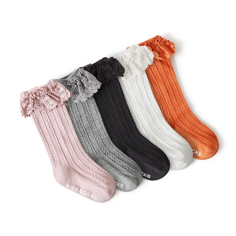 

Boy Cotton Long Organic Wholesale Cute Girl Knee Mesh Lace Ruffle High Non Rattle Knitted Bulk Baby Anti Slip Socks, Picture