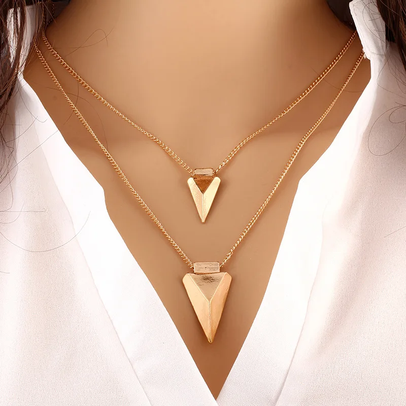 

Fashion Two layers thin chains necklaces with triangle pendant Gold chain choker necklace jewelry wholesale HZS32b16, As photo