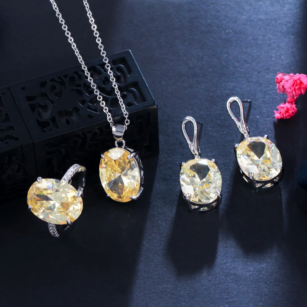3 Pcs Jewelry Set Yellow Color Claw Setting Oval Cubic Zircon CZ Silver Plated Chain Necklace Earrings Ring for Women Travel