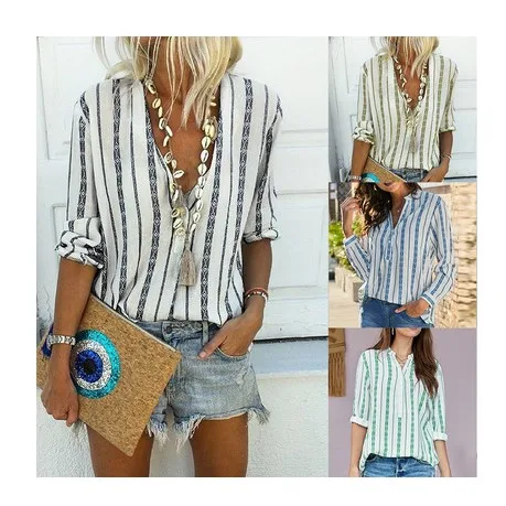 

AIXI Striped Shirt Blouses Ladies Women Long Sleeve Loose Top Blouse