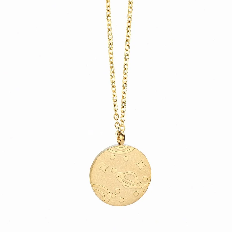 

2020 Newest Design Stainless Steel Silver Coin Saturn Sweater Chain Pendant 18K Gold Plated Necklace