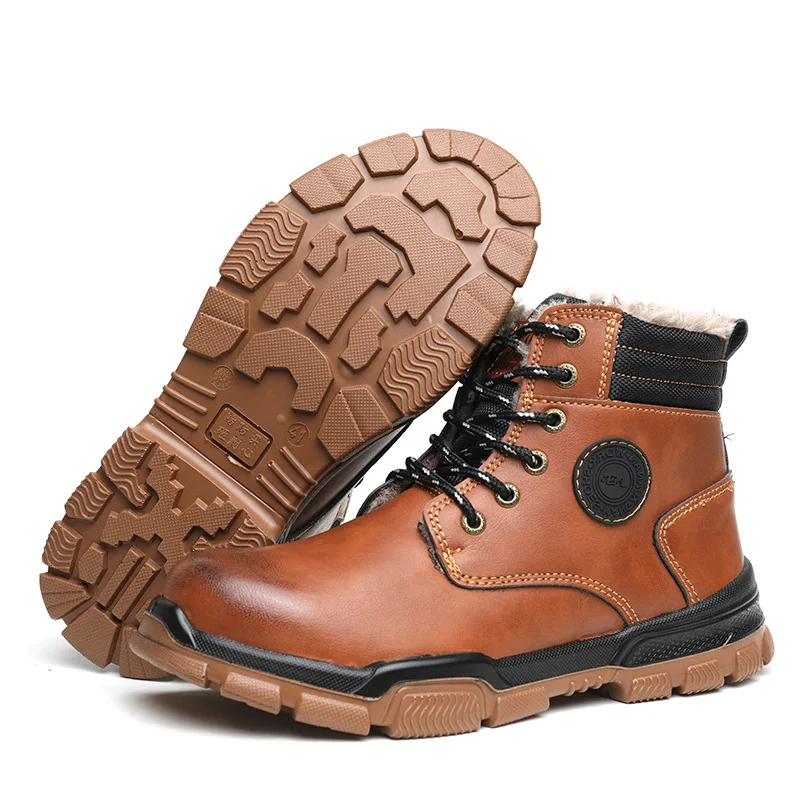 

Thicken Plus Cashmere Labor Insurance Cotton Shoes Men's Leather Steel Toe Anti-smash Anti-stab Safety Shoes, Brown