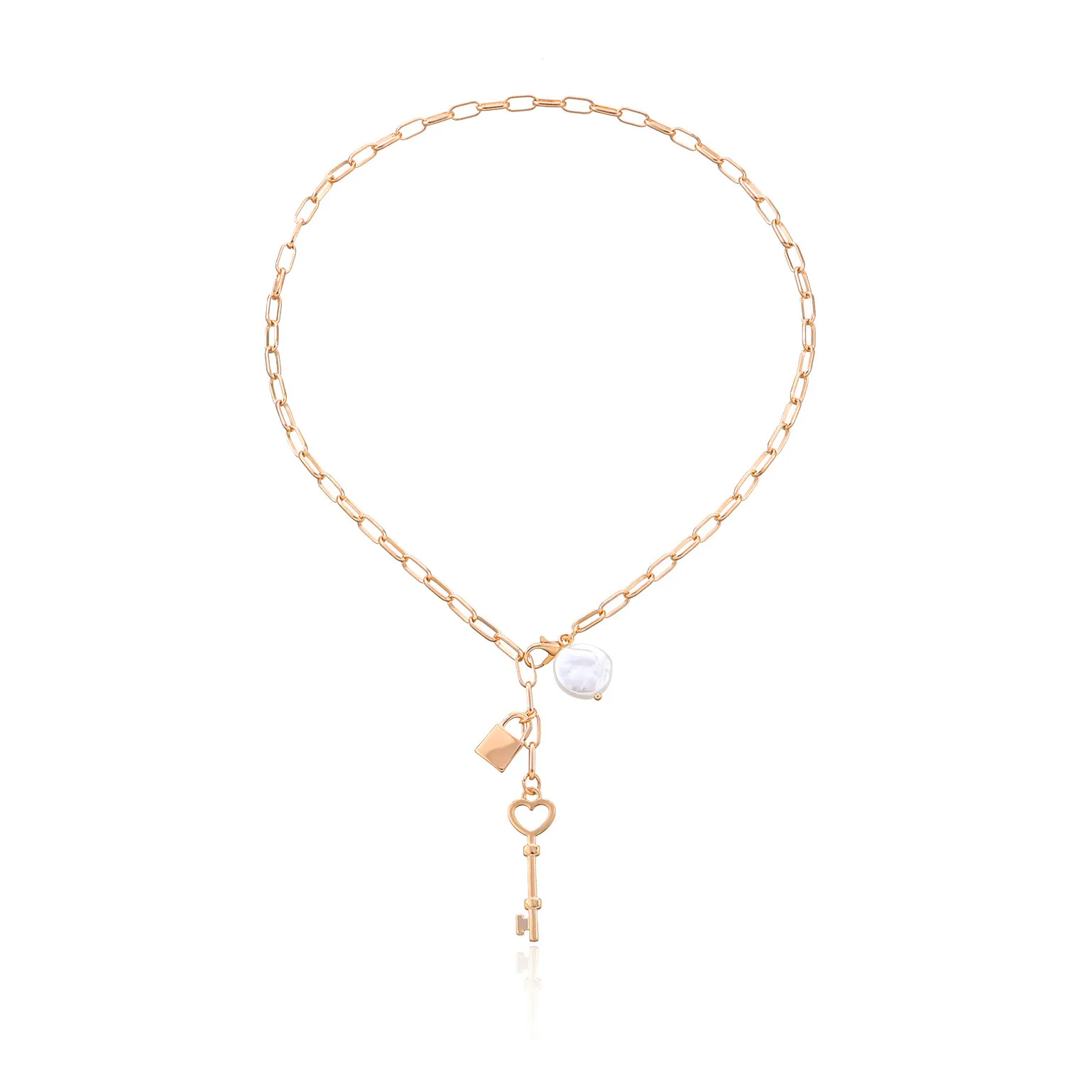 

High Quality Punk 18K Gold Plated Personality Jewelry Clavicle Link Chain Heart Key Lock Pearl Pendent Necklace, Custom color acceptable
