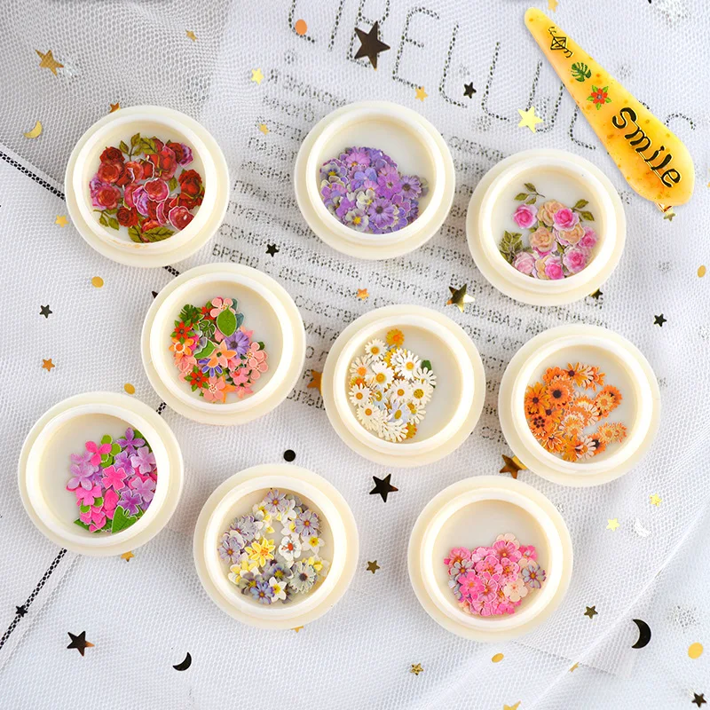 

DIY 50 pieces/box of wood pulp flower manicure color matching rose flower crystal epoxy resin decoration, As the picture shows